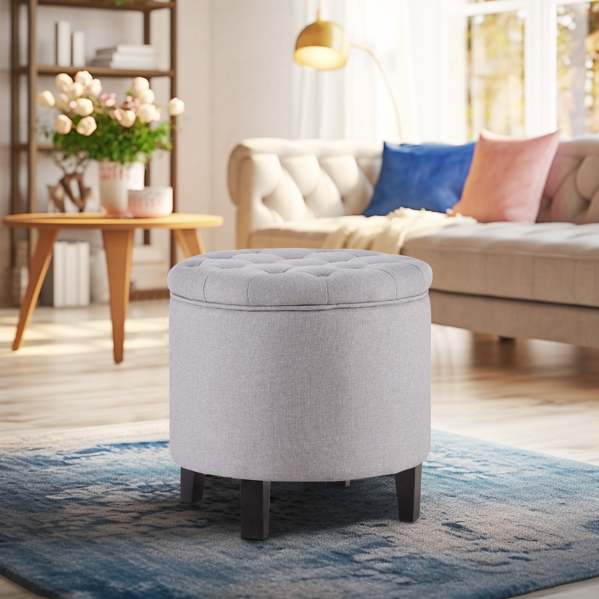 Belleze Nailhead Round Tufted Storage Ottoman Large Footrest Stool Lift Top Gray