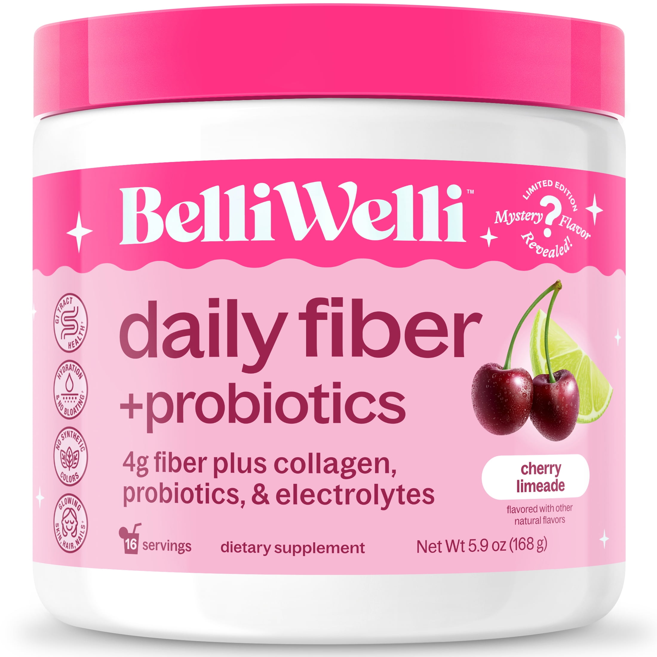 BelliWelli Daily Fiber Supplement with Probiotics, Electrolytes, and Collagen - Cherry Limeade, 5.9 oz