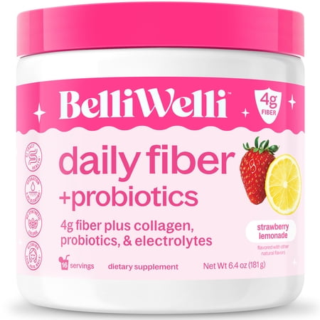BelliWelli 4-in-1 Daily Fiber Supplement, Probiotics, Collagen & Electrolytes, Strawberry Lemonade