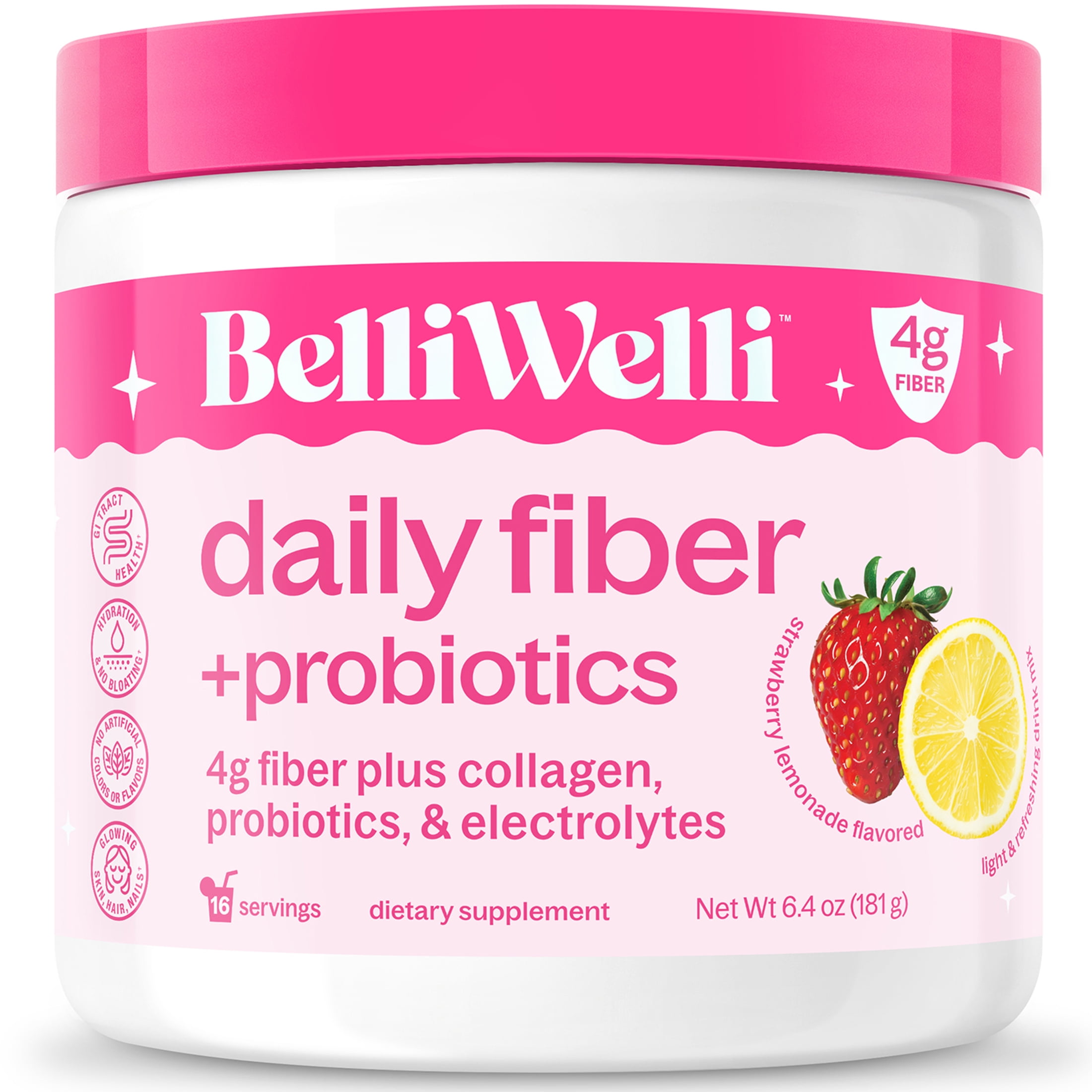 BelliWelli Daily Fiber Supplement with Probiotics, Electrolytes, and Collagen - Strawberry Lemonade, 6.4 oz