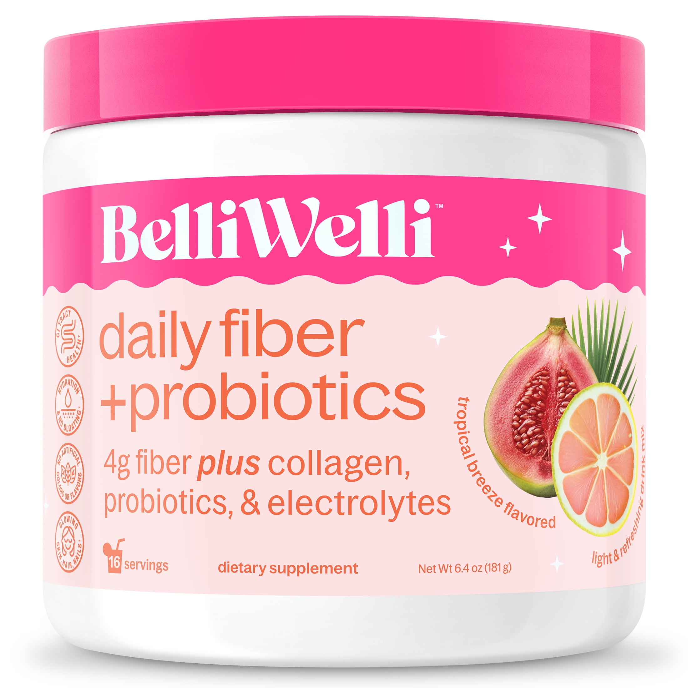 BelliWelli Daily Fiber Supplement with Probiotics, Electrolytes, and Collagen - Tropical Breeze, 6.4 oz