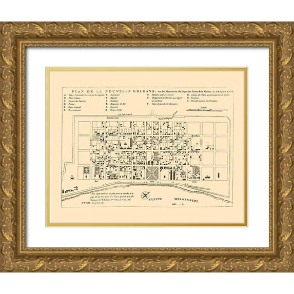 Bellin 14x12 Gold Ornate Wood Framed with Double Matting Museum Art Print Titled - New Orleans Louisiana - Bellin 1744