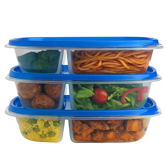 Bellin Food Storage Containers Divided with Blue Lids, 900mL, Set of 3, Clear