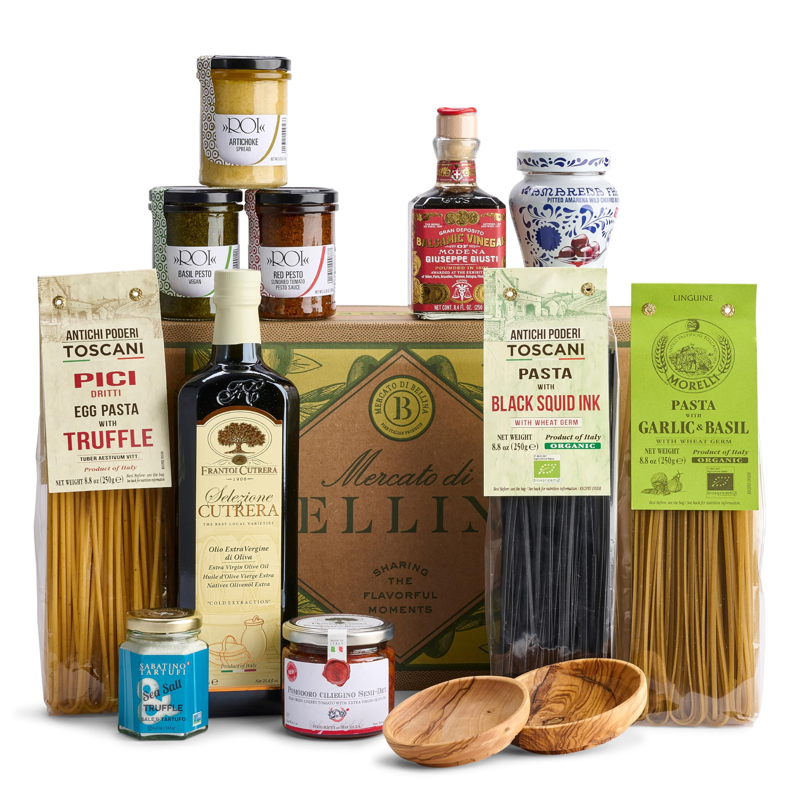 Mercato di Bellina 13-Piece Italian Gift Basket - Pasta, Pesto, Extra Virgin Olive Oil, Balsamic Vinegar, Spread, Sun Dried Tomatoes, Cherries, & Bowls - Gourmet Sympathy Gifts, Holiday Gift Basket