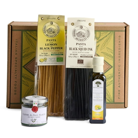 Mercato di Bellina 4 Piece Italian Gift Basket With Organic Squid Ink & Organic Lemon Pepper Linguine Pasta, Lemon Extra Virgin Olive Oil, & Sea Salt Capers, Gourmet Italian Pasta Gift Basket