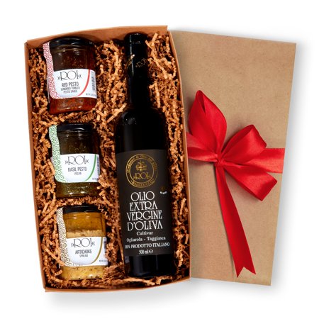 Mercato di Bellina Flavorful Italian Gift Basket with Ligurian Extra Virgin Olive Oil, Red Pesto Sauce, Vegan Basil Pesto, and Artichoke Paste from Italy, Holiday Gift of Gourmet Food