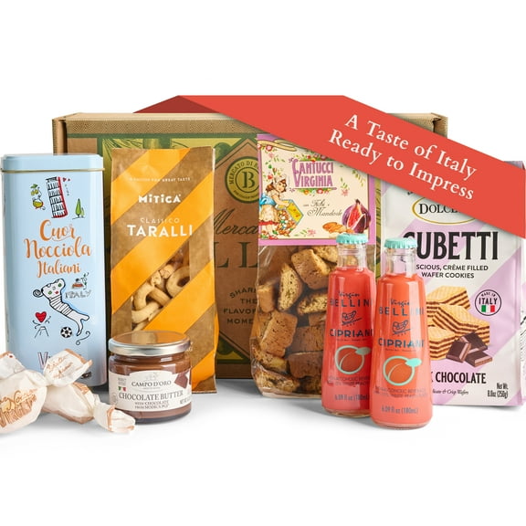 Mercato di Bellina Full of Gratitude Gourmet Gift Basket - Chocolate Spread, Premium Crackers, Bellini Soda & Italian Cookies From Italy, Ideal Gift Box for Birthdays, Holidays, Thank You, Get Well