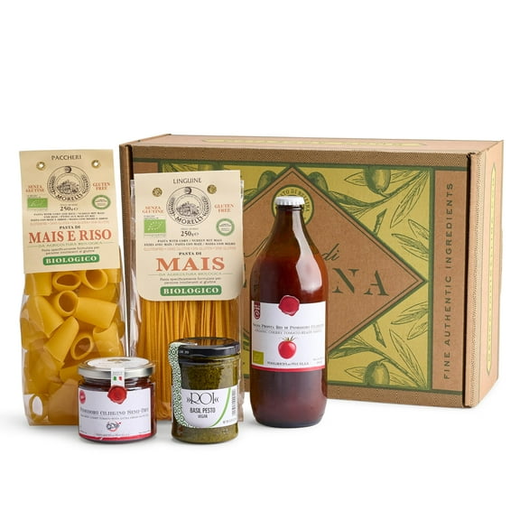 Mercato di Bellina Gluten-Free Vegan Gift Basket - Italian Organic GF Pasta Gift Basket With Sun Dried Tomatoes, Basil Pesto & Tomato Sauce - Vegetarian Gourmet Italy Pasta for Foodies, Holidays