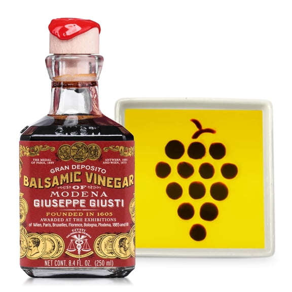 Mercato di Bellina Gourmet Balsamic Gift Set - Bread Dipping Set with Giuseppe Giusti Balsamic Vinegar of Modena and Bread Dipping Dish with Grape Design, Italian Cooking Gifts - 8.45 fl oz (250 ml)