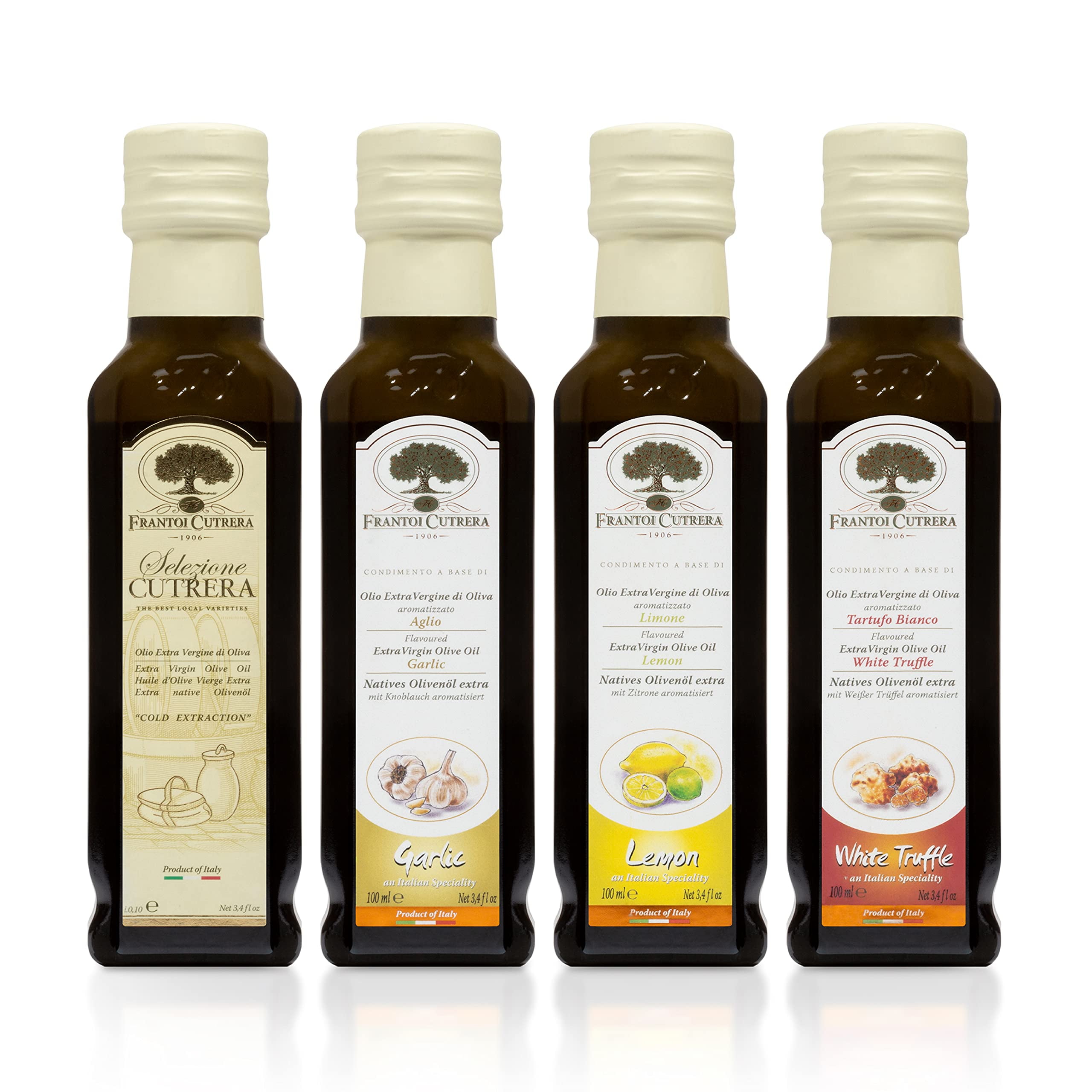 Mercato di Bellina Infused Olive Oil Tasting Set - Italian Original, Truffle, Garlic, and Lemon Flavored Olive Oil Gift Set for Cooking and Dipping Bread - Made in Italy - 4 X 3.38 fl oz (100ml)