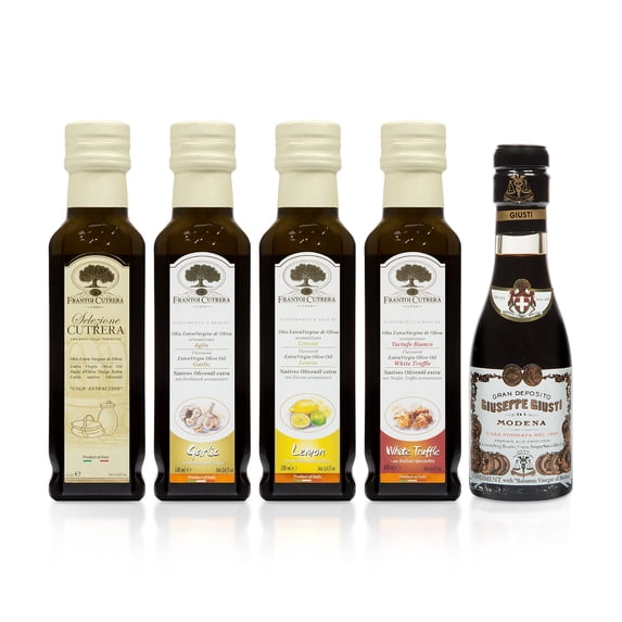 Mercato di Bellina Italian Olive Oil and Balsamic Gift Set - Mini Balsamic Vinegar, Truffle, Garlic and Lemon Flavored Olive Oil Gift Set for Cooking & Dipping Bread - Imported from Italy
