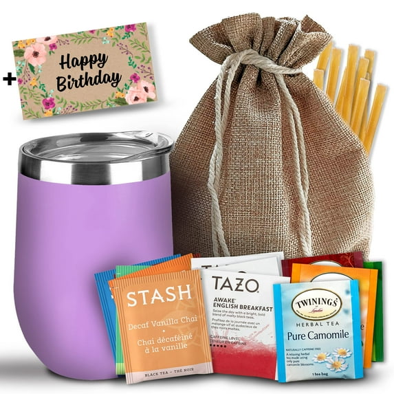 Bellina Tea Gift Baskets for Women and Men - Birthday Collection - Insulated Cup, 20 Premium Teas, 10 Honey Straws, Gift Tag & Bag