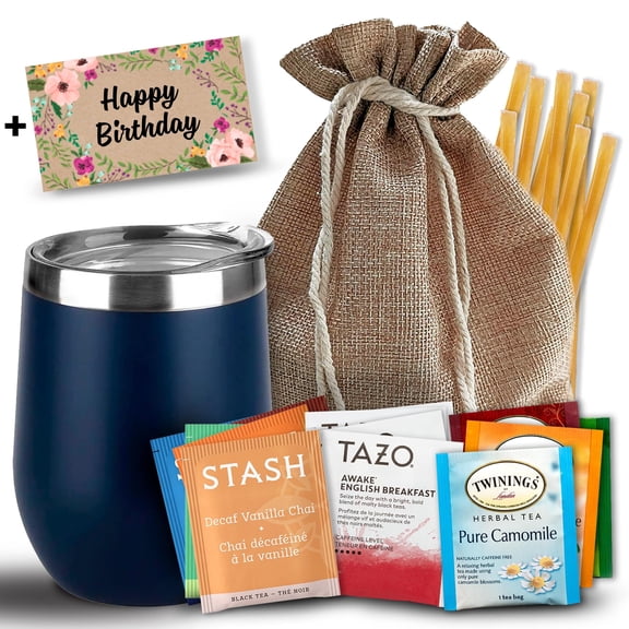 Bellina Tea Gift Baskets for Women and Men - Birthday Collection - Insulated Cup, 20 Premium Teas, 10 Honey Straws, Gift Tag & Bag