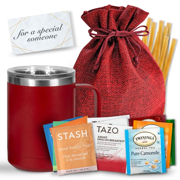 Bellina Tea Gift Baskets for Women and Men - For a Special Someone - Insulated Mug, 20 Premium Teas, 10 Honey Straws, Gift Tag & Bag