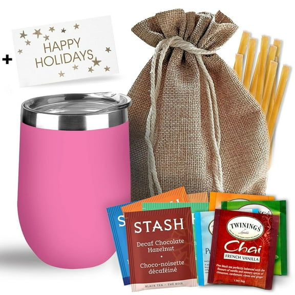 Bellina Tea Gift Baskets for Women and Men - Happy Holidays - Insulated Cup, 20 Premium Teas, 10 Honey Straws, Gift Tag & Bag