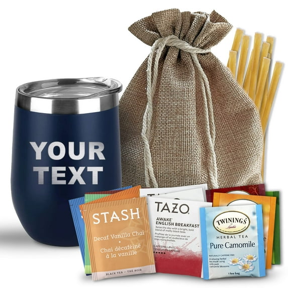 Bellina Tea Gift Baskets for Women and Men - Insulated Custom Cup, 20 Premium Teas, 10 Honey Straws, Gift Tag & Bag
