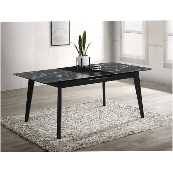 Bellingham Modern Black Dining Table with Self-Storage Leaf Extension, Faux Marble Top