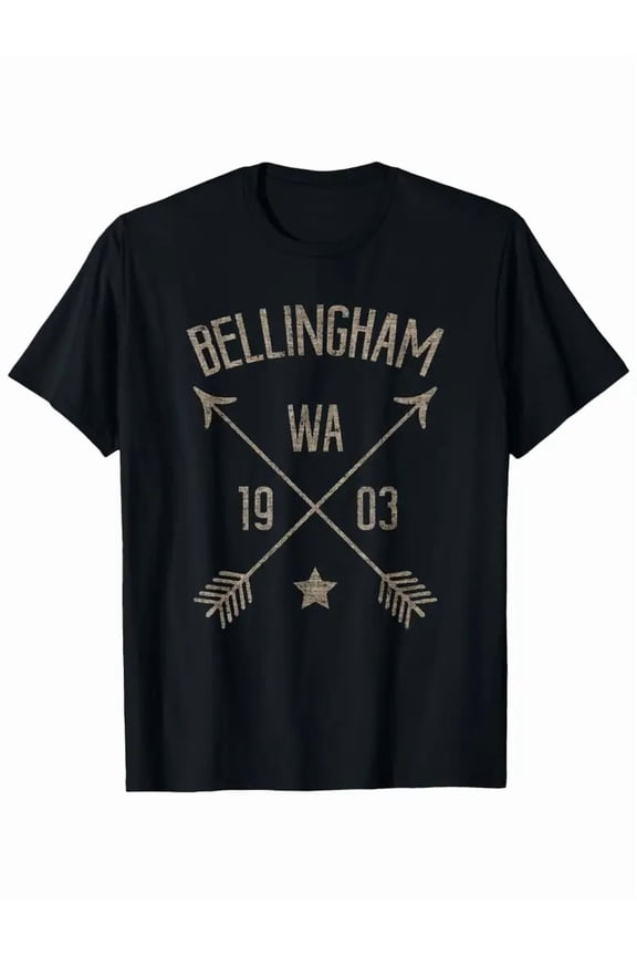 Bellingham, WA T-Shirt - Vintage Distressed Boho Style with Crossed Axes & Stars Design, Black, Short Sleeve, Regular Fit for Men, All-Season Casual Wear, Basketball Shirt