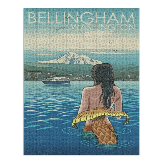 Bellingham, Washington, Mermaid and Mount Baker (1000 Piece Puzzle, Size 19x27, Challenging Jigsaw Puzzle for Adults and Family, Made in USA)