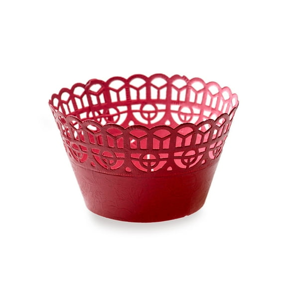 Restaurantware-Bellissimo 2.1 Inch Cupcake Wraps, 200 Lace Cutouts Lace Cupcake Liners - Recyclable, For Parties and Weddings, Cherry Red Paper Decorative Cupcake Wraps