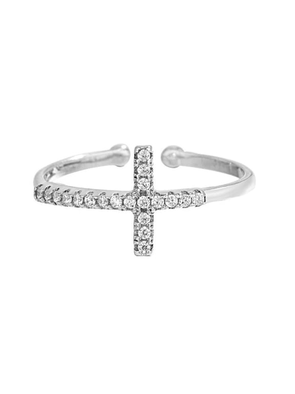 925 Sterling Silver Cross Ring, Adjustable Open Cubic Zirconia Ring for Women Jewellery Gifts