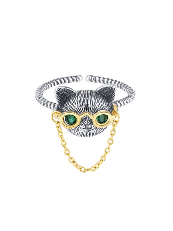 925 Sterling Silver Doctor Cat Open Adjustable Ring with Adjustable Spectacle-Frame, Green Glass Cat Ring For Women Gifts