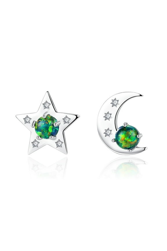 925 Sterling Silver Green Opal & CZ Diamond Star Earrings Moon Earrings for Women, Womens Star Moon Earrings Gold Plated Stud Earrings Hypoallergenic Jewelry Gift