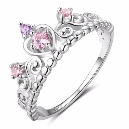 Bellitia Jewelry 925 Sterling Silver Heart Shaped Princess Crown Ring with Pink Cubic Zirconia for Women, Wedding Engagement Promise Rings Set for Her