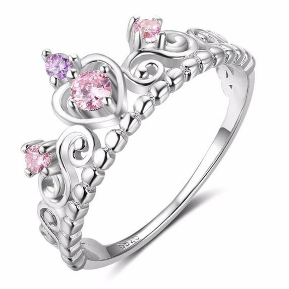 Bellitia Jewelry 925 Sterling Silver Heart Shaped Princess Crown Ring with Pink Cubic Zirconia for Women, Wedding Engagement Promise Rings Set for Her