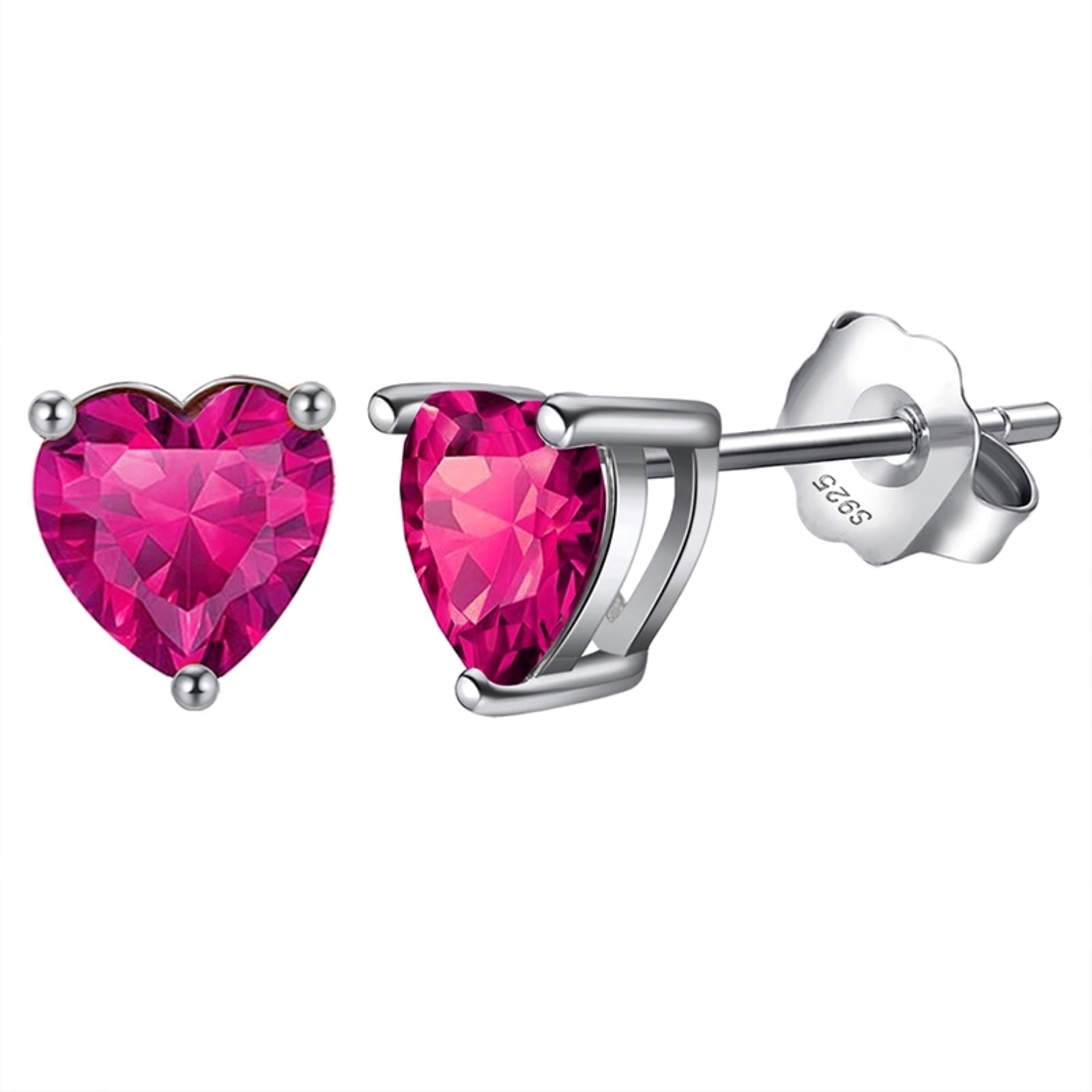Bellitia Jewelry 925 Sterling Silver July Birthstone Heart Stud Earrings for Women, Gemstone Earring with Red Ruby Anniversary Birthday Jewellery Gift