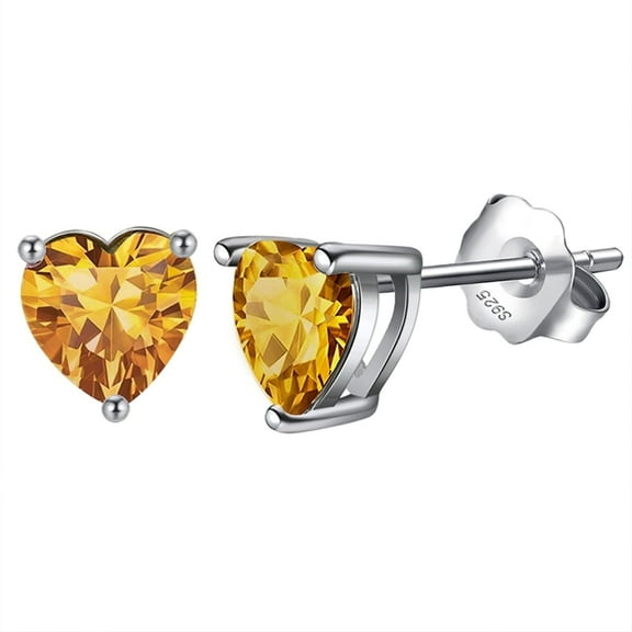 Bellitia Jewelry 925 Sterling Silver November Birthstone Heart Stud Earrings for Women, Gemstone Earring with Yellow Citrine Anniversary Birthday Jewellery Gift