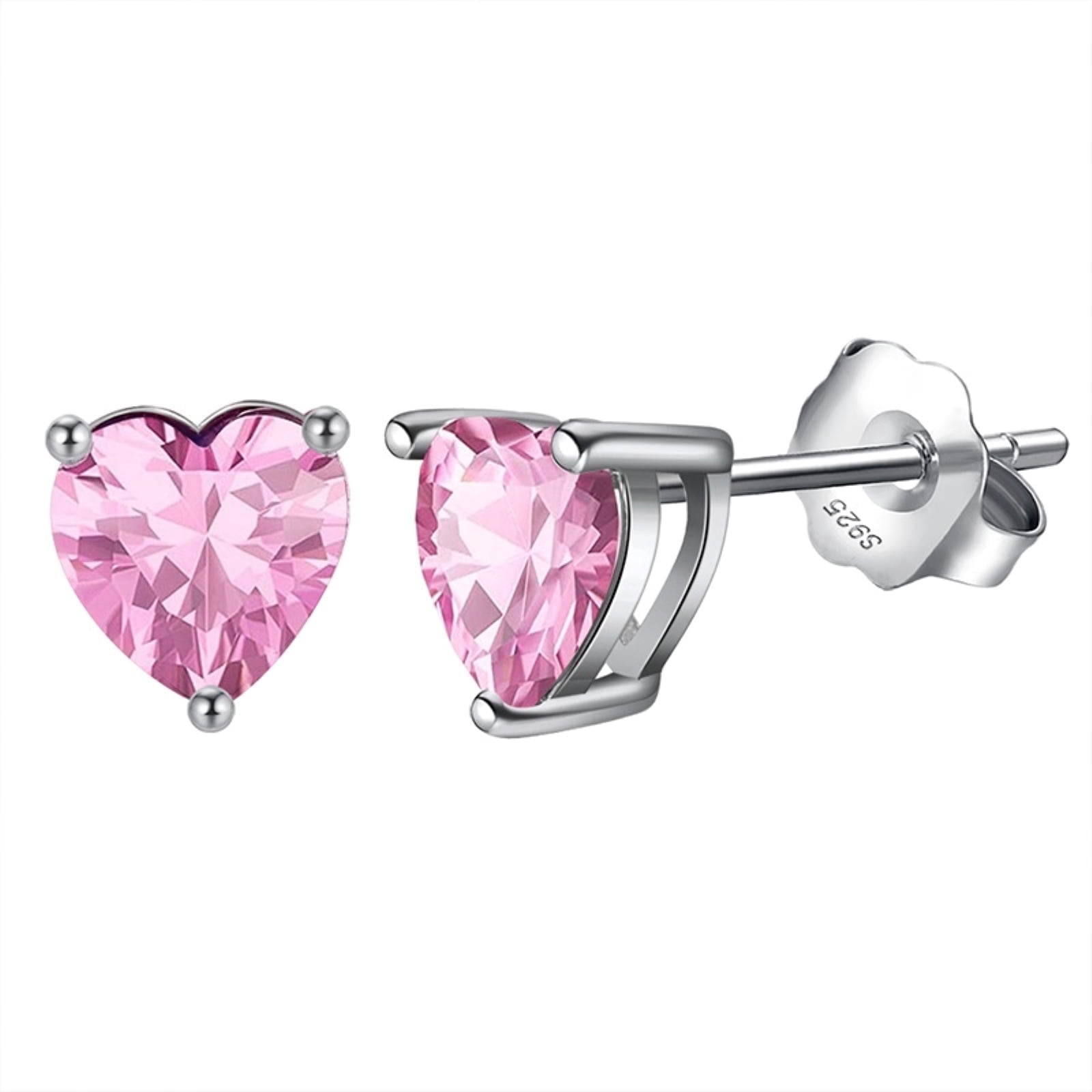 Bellitia Jewelry 925 Sterling Silver October Birthstone Heart Stud Earrings for Women, Gemstone Earring with Pink Tourmaline Anniversary Birthday Jewellery Gift