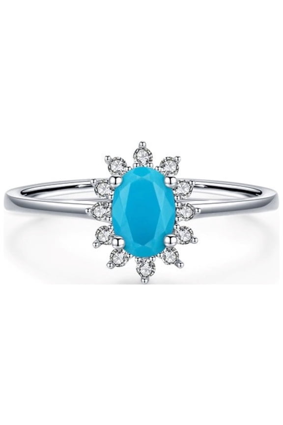 925 Sterling Silver Oval Turquoise and Cubic Zirconia Statement Bridal Engagement Princess Diana/Kate Middleton Royal Ring for Women