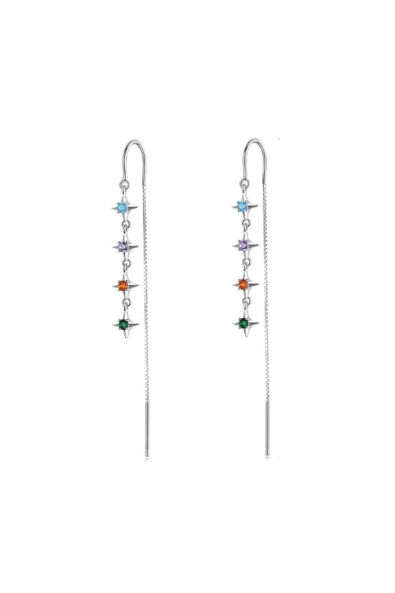 925 Sterling Silver Thread Earrings for Women, Multicoloured Cubic Zirconia Pull Through Style Drop Chain Earrings Women Fashion Jewelry Set Gifts for Women
