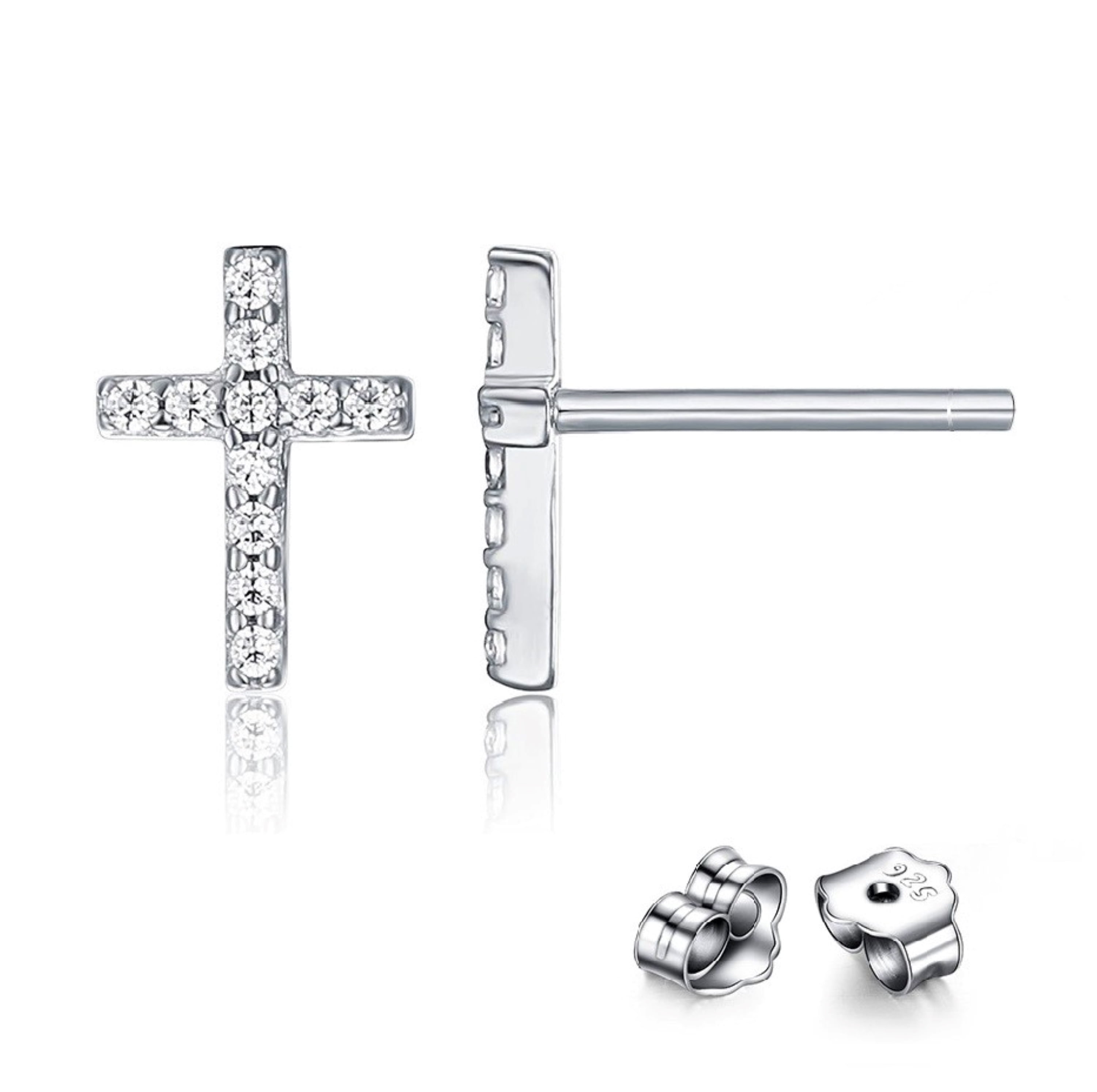 Bellitia Jewelry Cross Stud Earrings Sterling Silver Zirconia Religious