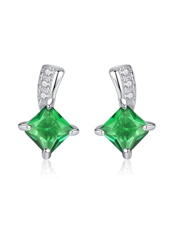 Hypoallergenic Gemstone Stud Earrings, 925 Sterling Silver Brilliant Emerald & CZ Diamond Earrings, Posts Nickel Free, Princess Earrings Green Color for Women Wife Mother Daughter