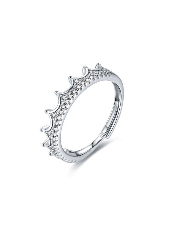 Princess Crown CZ Simulated Diamond Ring, 925 Sterling Silver Crown Rings for Lover His Queen Rings Promise Rings Adjustable Open Ring Gift for Women