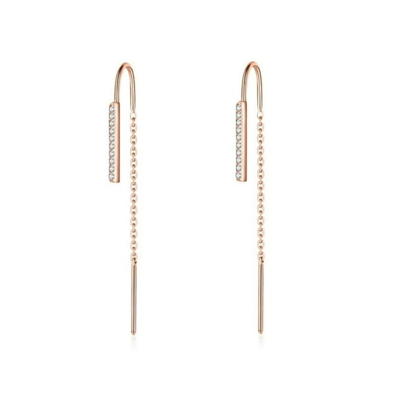 Bellitia Jewelry Rose Gold/White Gold Plated 925 Sterling Silver Long Drop Threader Chain Earrings for Women Ladies, CZ Simulated Diamond Pull Through Style Earrings