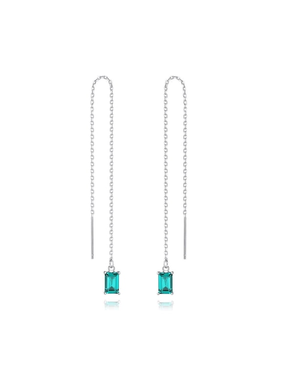 Simulated Green Emerald Drop Threader Earrings Sterling Silver Cable Chain Tassel, White Rhoium Plating, Women Dangle Earring Emerald Cut Long Chain