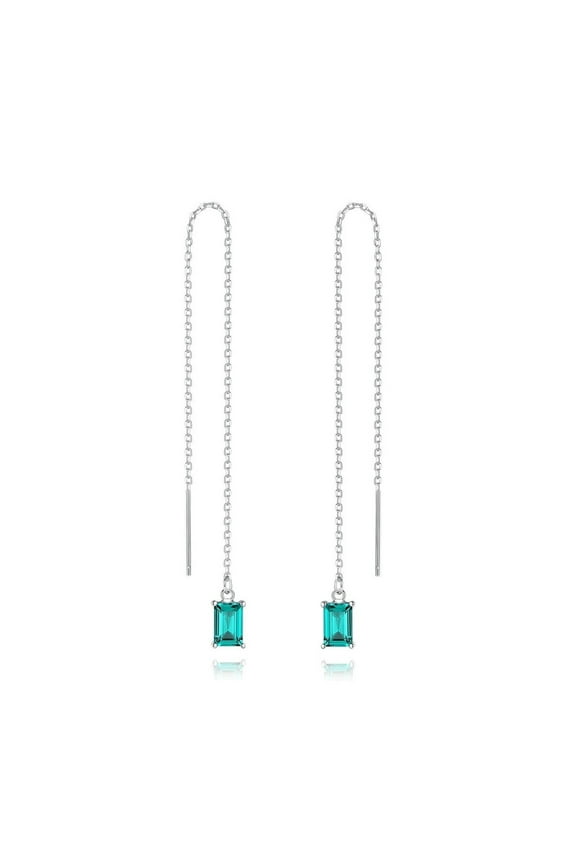 Simulated Green Emerald Drop Threader Earrings Sterling Silver Cable Chain Tassel, White Rhoium Plating, Women Dangle Earring Emerald Cut Long Chain
