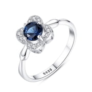 Bellitia Jewelry Sri Lankan Blue Sapphire & CZ Diamond Flower Women Ring 925 Sterling Silver Rhodium Plated Promise Engagement Zirconia Ring for Her Valentines Day Size 5-10