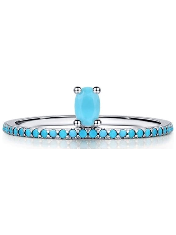 Turquoise Stackable Ring for Women Girls, 925 Sterling Silver Wedding Promise Rings Blue Stone Stacking Statement Band Ring