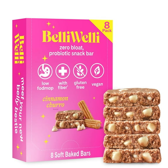 Belliwelli Soft Baked Probiotic Snack Bar | Gluten-Free, Dairy-Free, Vegan, & Low-FODMAP | Cinnamon Churro (8 Pack)