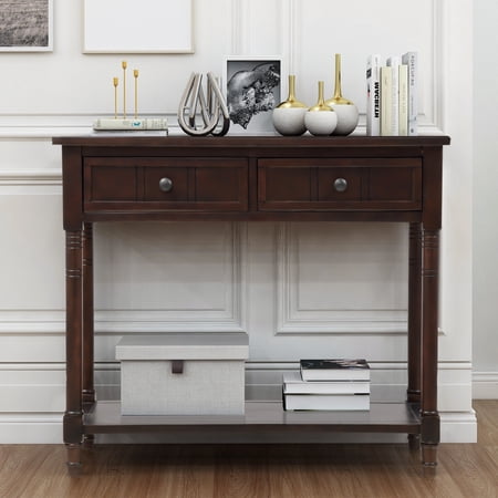 Bellmave Espresso Console Table with 2 Drawers and Bottom Shelf, Traditional Design Sofa Table for Living Room, Hallway