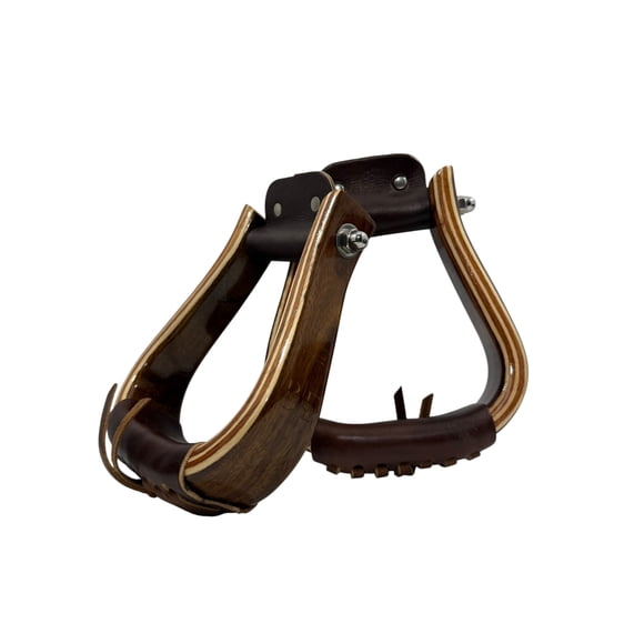 Bello Equine Premium Rosewood Western - 7 PLY Laminated Flat Bottom Wood Stirrups  Comfort & Style for Trail, Show & Ranch Riding - 5.25" Long - 2" Leather Tread - 3" Neck