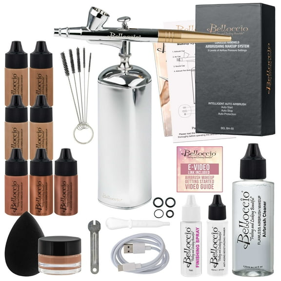 Belloccio Complete Cordless Handheld Airbrush Cosmetic Makeup System with 4 Tan Foundation Shades, Professional 18-Piece Kit, Moisturizing Primer, Blush, Bronzer, Highlighter, Concealer, User Guide