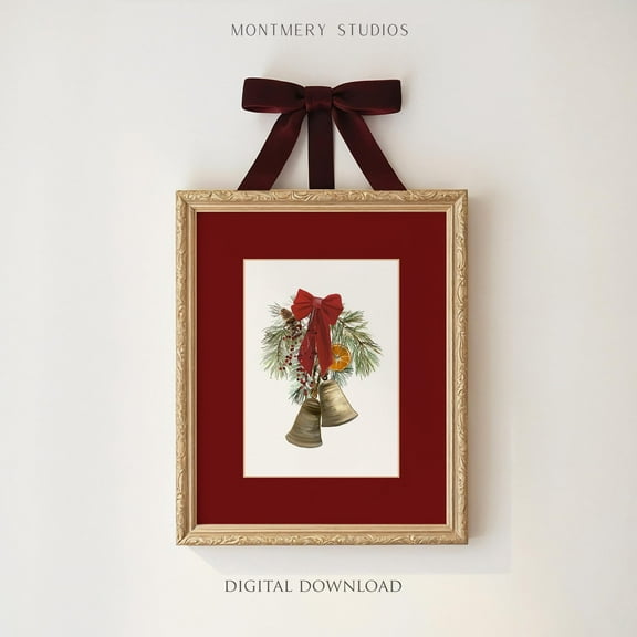 Bells Art Print Poster, Red Matted Print Poster, Red Berry Illustration, Maroon Red Wall Art Poster, Red Bow Print Poster, Ch Warm Present Vintage UNFRAMED Poster Size 12x18