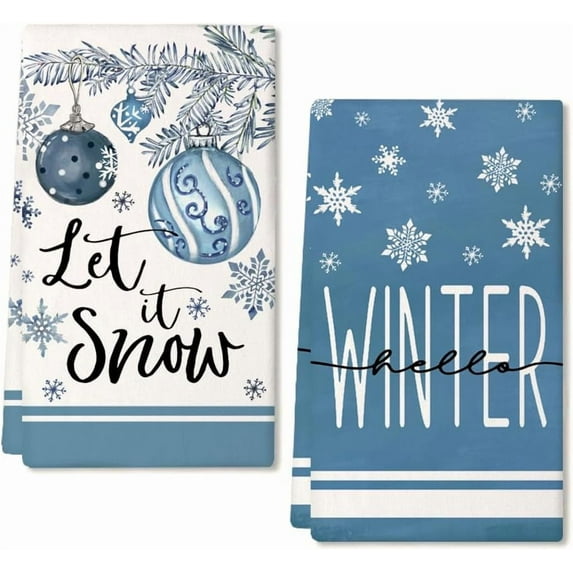Bells Hello Winter Kitchen Towels Set of 2,Blue Tree Snowflake Dish Hand Towels Holiday Home Indoor Bathroom Party Seasonal Decorations DD046