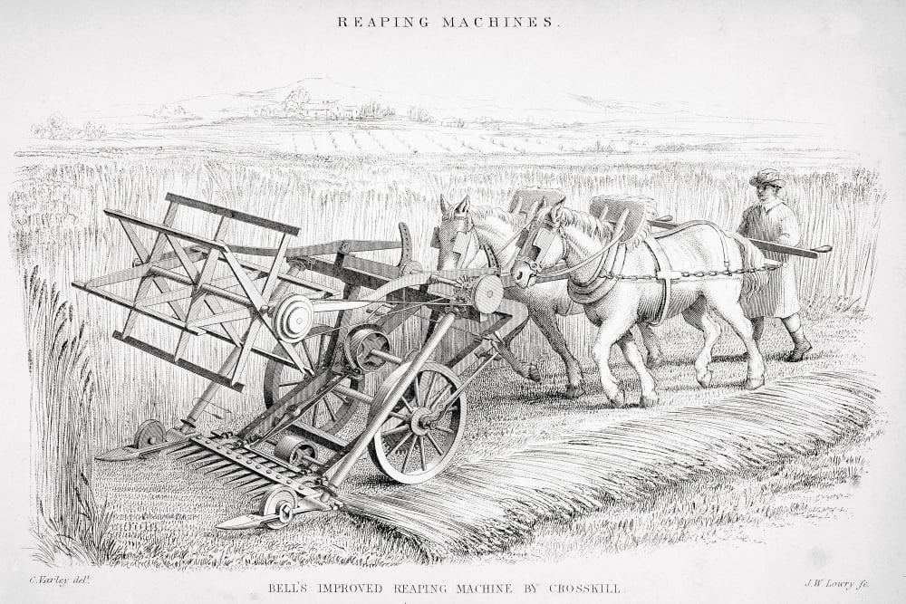 Bells Improved Reaping Machine By Crosskill Designed By Patrick Bell Built By Crosskill From Print Circa 1850 Engraved By JW Lowry After Cornelius Varley Canvas Art - Ken Welsh Design Pics (17 x 11)