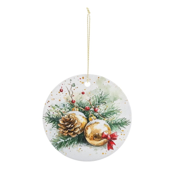 Bells and Pinecones Ornament 2024 Round Ceramic Ornaments Xmas Keepsake for Christmas Tree Winter Holiday Xmas Gift for Women Men Xmas Hanging Ornament 3"